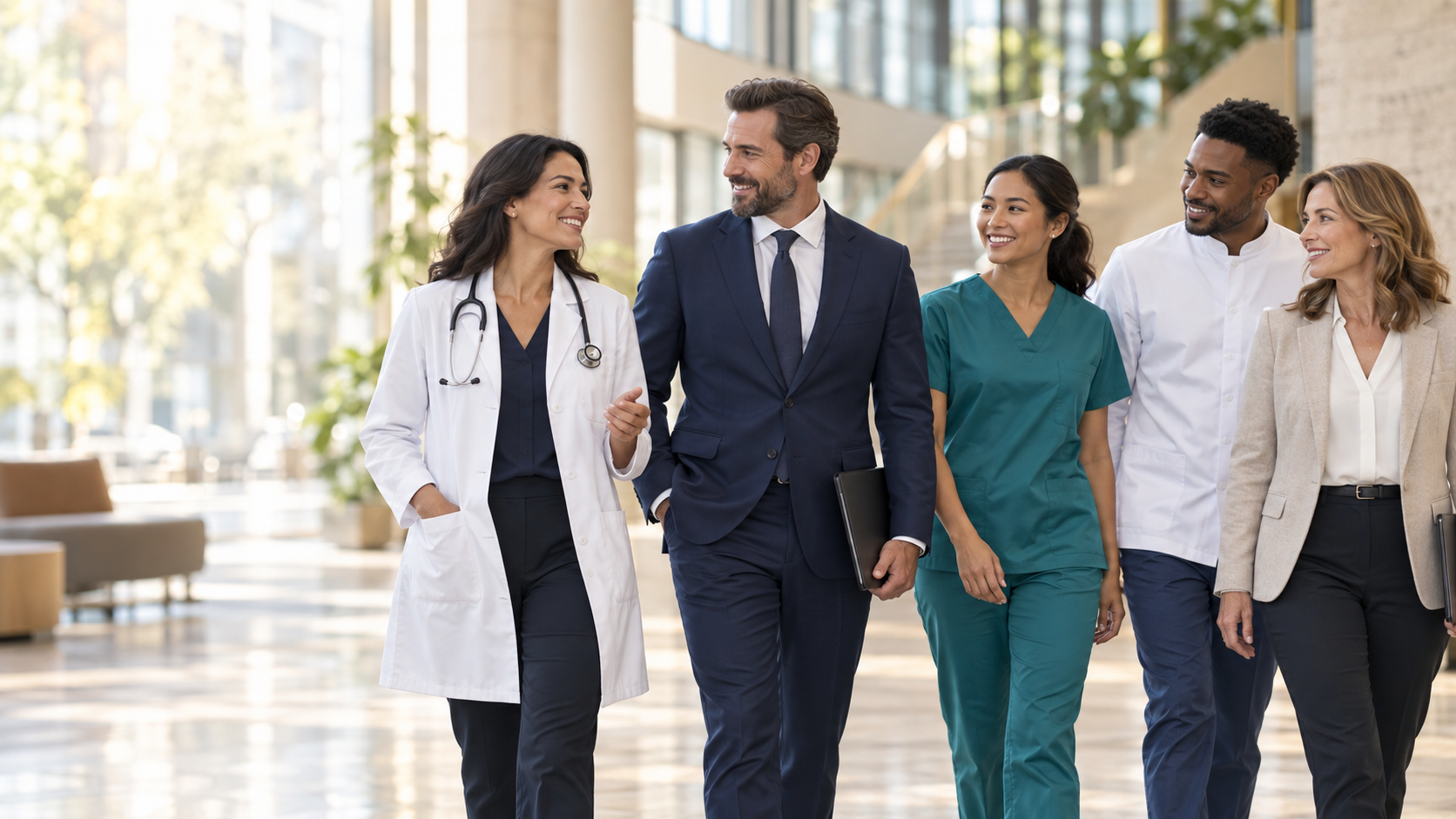 A doctor, attorney, nurse, dentist, and office professional walking together